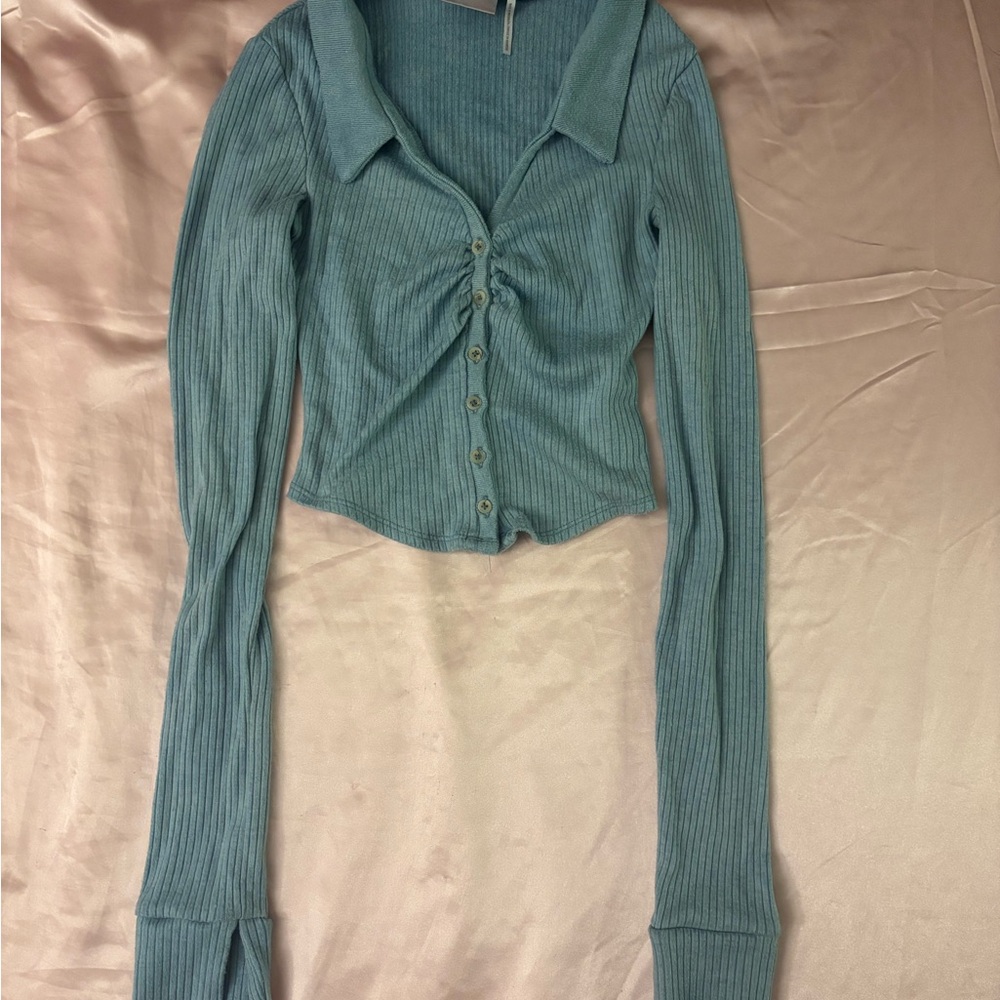 Urban Outfitters Teal Ribbed Long-Sleeve Button Cardigan
